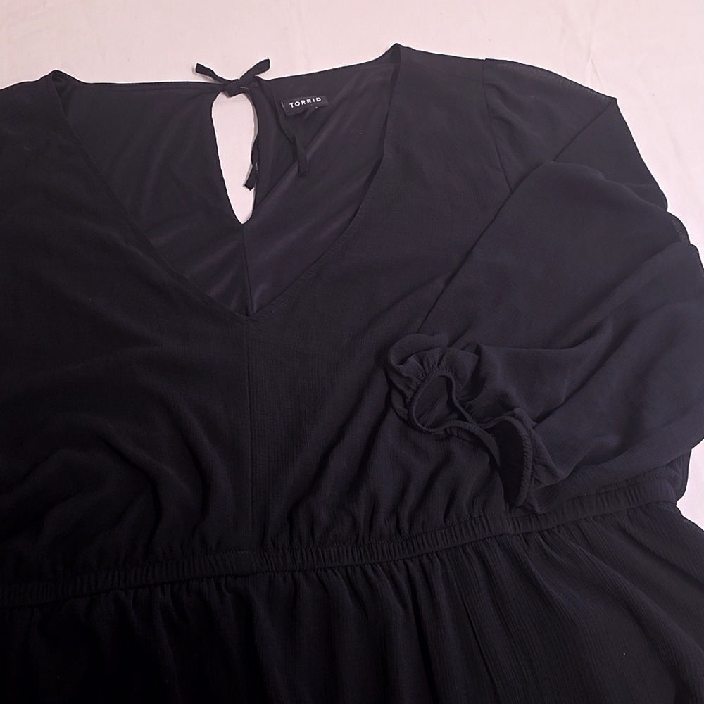 Torrid Dress Women 4 Black Chiffon Balloon Sleeve V-Neck Tiered Ruffle Mini LBD